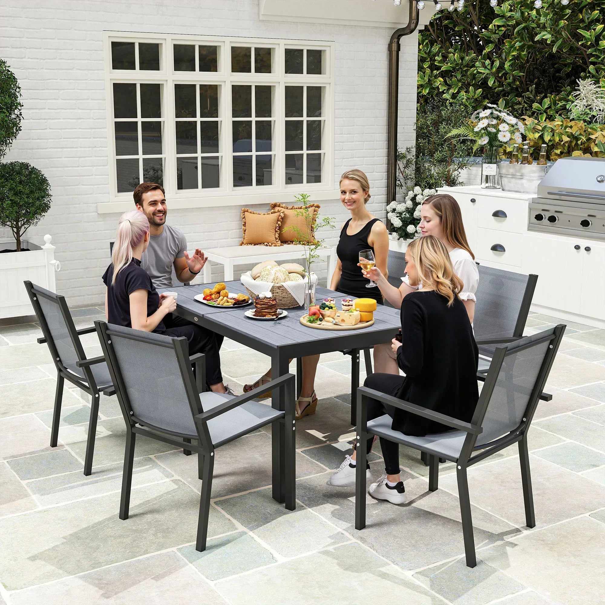 Seven-Piece Garden Dining Set, with Plastic Wood-Top Table - Grey - Bobobiy