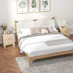 Wood nightstand with two drawers and curved metal handles beside a bed