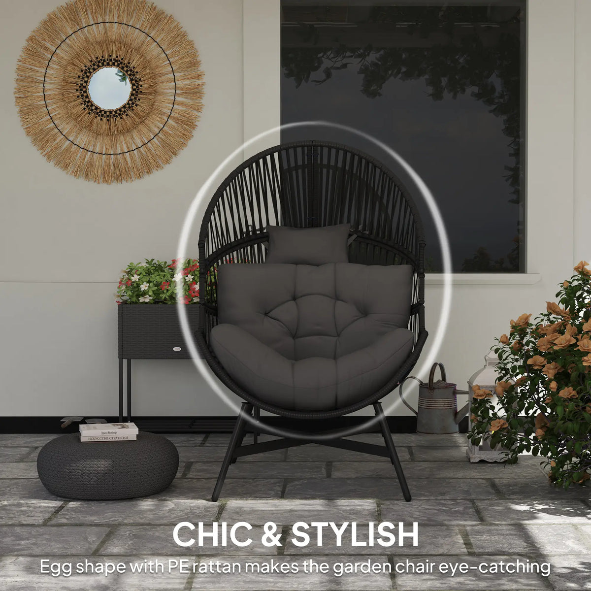 Outsunny Rattan Egg Chair, Oversized Freestanding Garden Egg Chair with Thick Tufted Cushion, Headrest, Steel Frame for