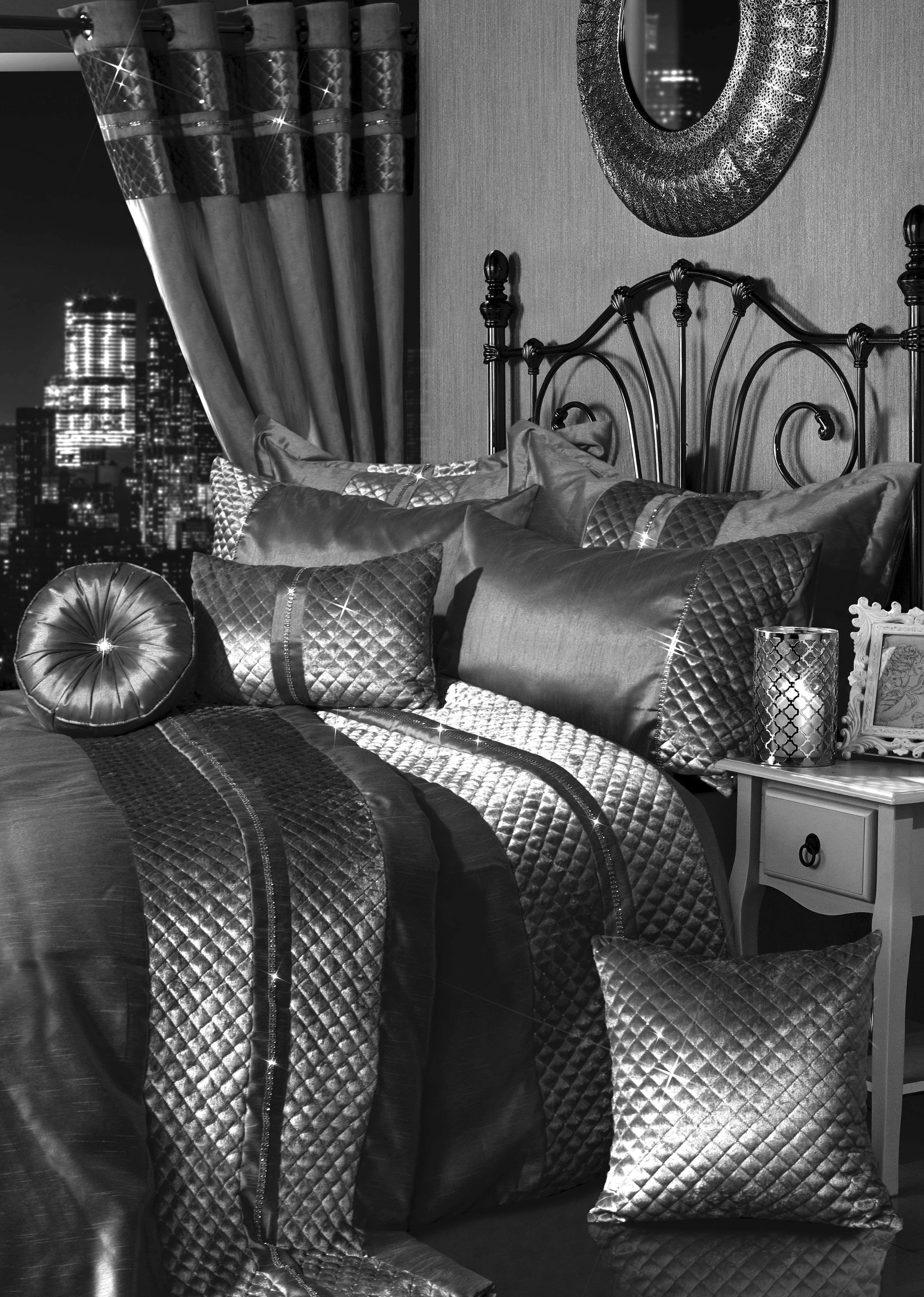 Kylie Duvet Set Luxurious Charcoal Gold Velvet Bedding with Quilted Trim & Diamante Detailing in Various Sizes