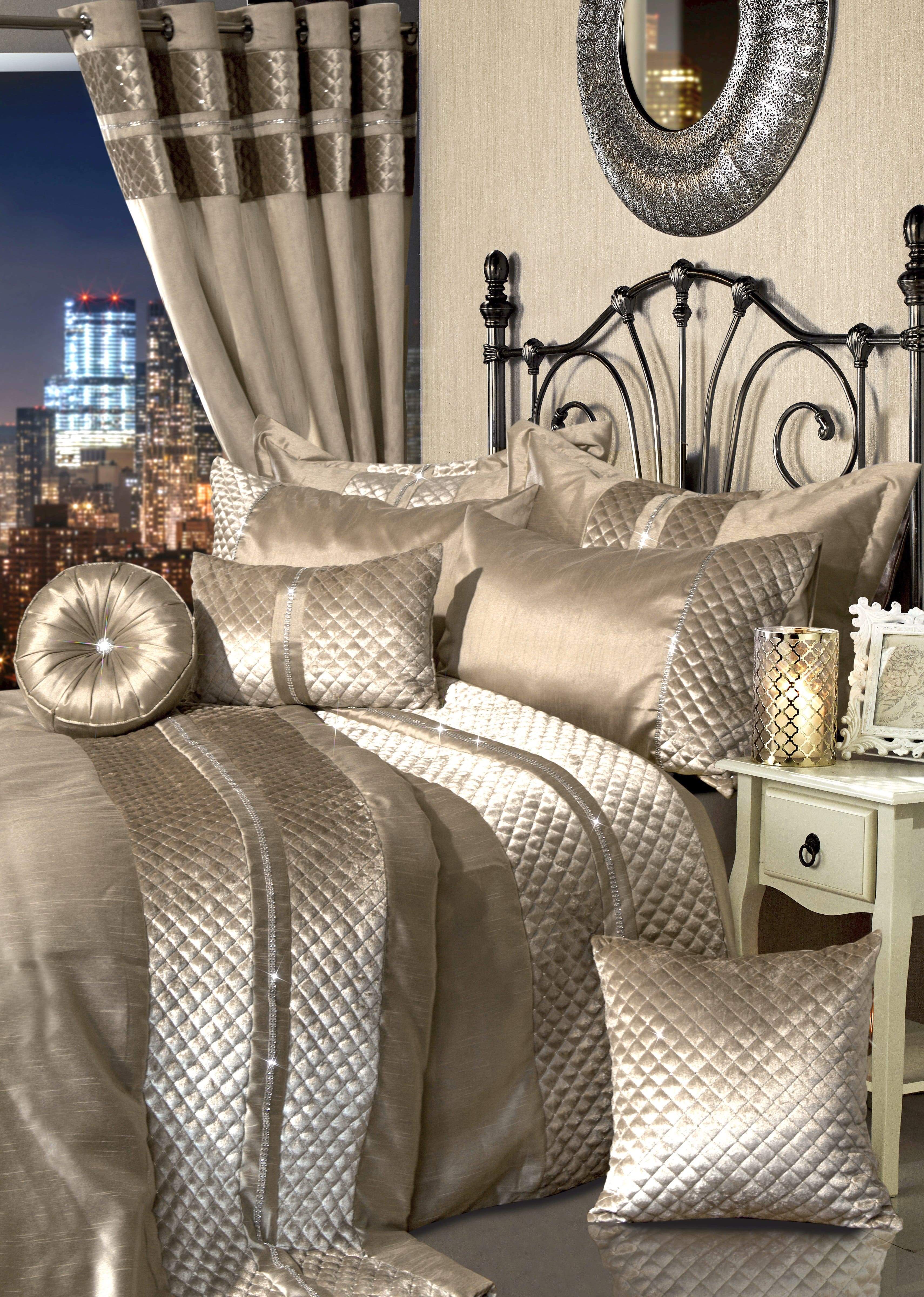 Kylie Duvet Set Luxurious Charcoal Gold Velvet Bedding with Quilted Trim & Diamante Detailing in Various Sizes