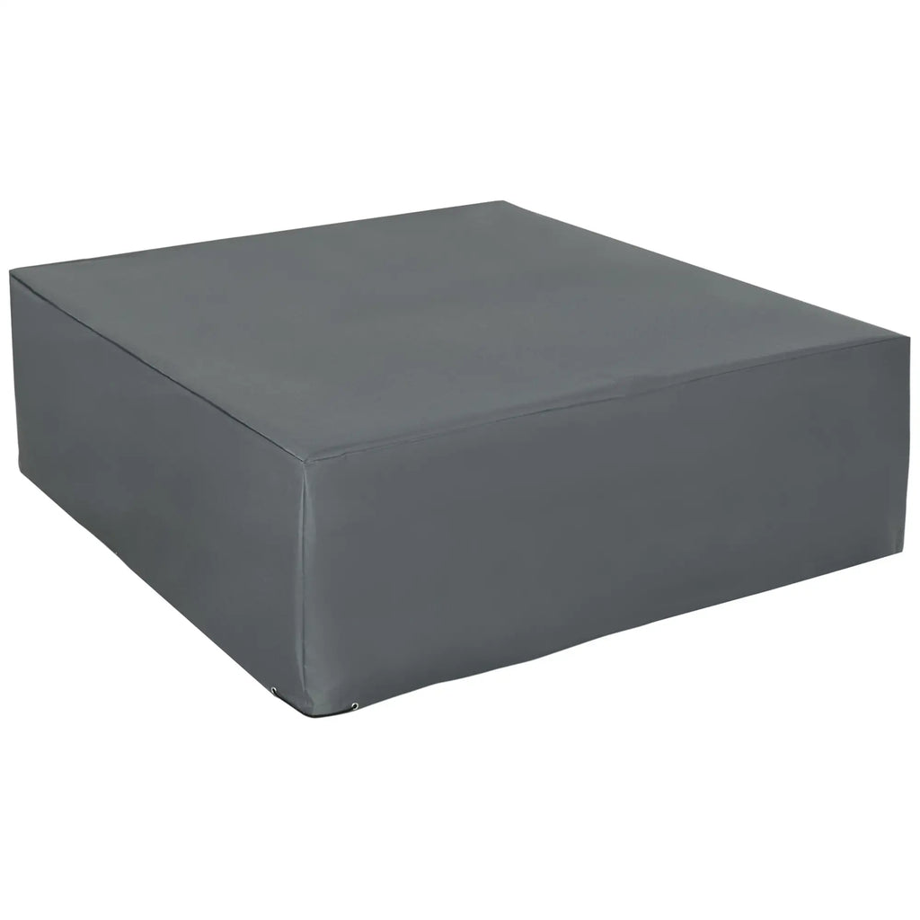 Dark gray outdoor furniture cover with a rectangular, box-shaped fit
