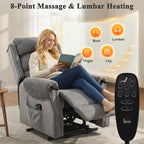 Light grey lift recliner chair with remote control for massage and lumbar heating
