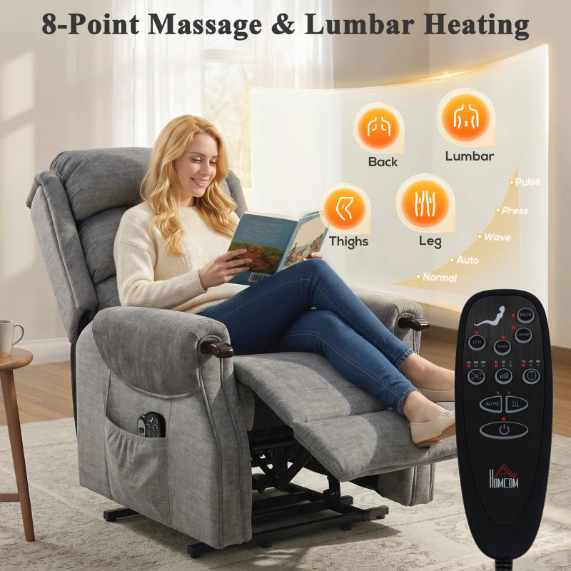 Light grey lift recliner chair with remote control for massage and lumbar heating