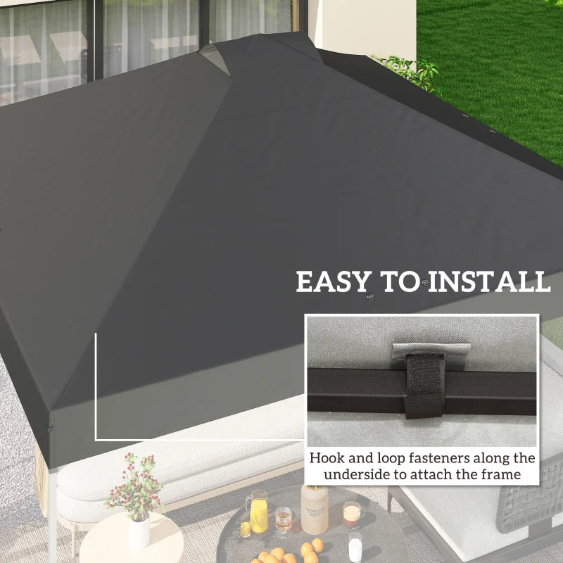 Dark grey canopy roof cover with edge attachment detail for frame mounting