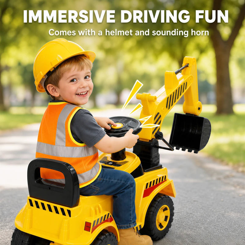 Yellow ride-on digger toy with steering controls; child wearing helmet and orange safety vest