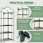 Green mini greenhouse with roll-up zippered door and four removable shelves