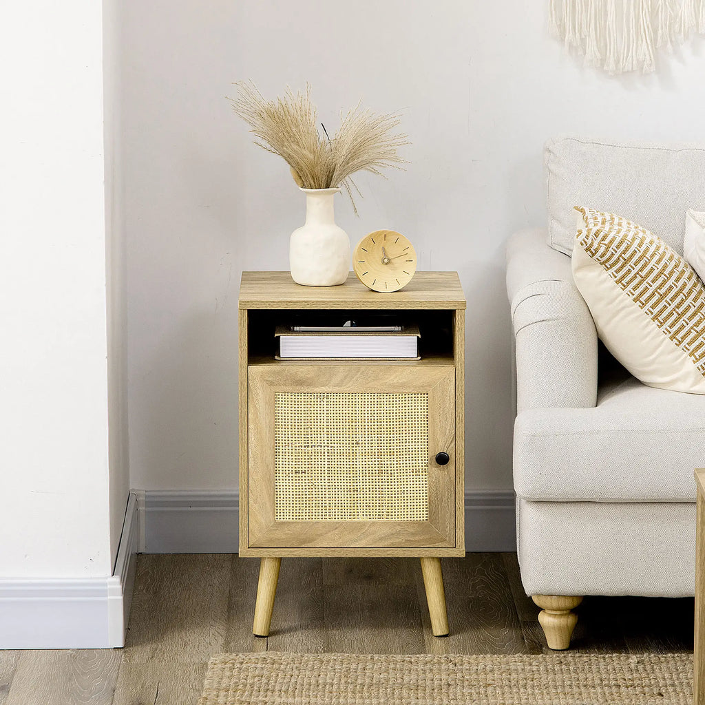 Homcom Bedside Table with Rattan Element, Side End Table with Shelf and Cupboard, 39cmx35cmx60cm, Natural