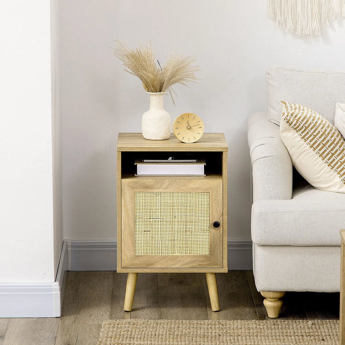 Homcom Bedside Table with Rattan Element, Side End Table with Shelf and Cupboard, 39cmx35cmx60cm, Natural