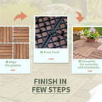 Brown interlocking wood deck tiles assembled with grooved edges and black base supports