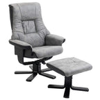 Grey fabric swivel recliner chair with matching footstool, thick armrests and black base.