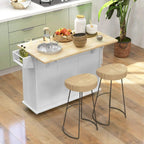 White rolling kitchen island cart with light wood top and side bottle/rail storage