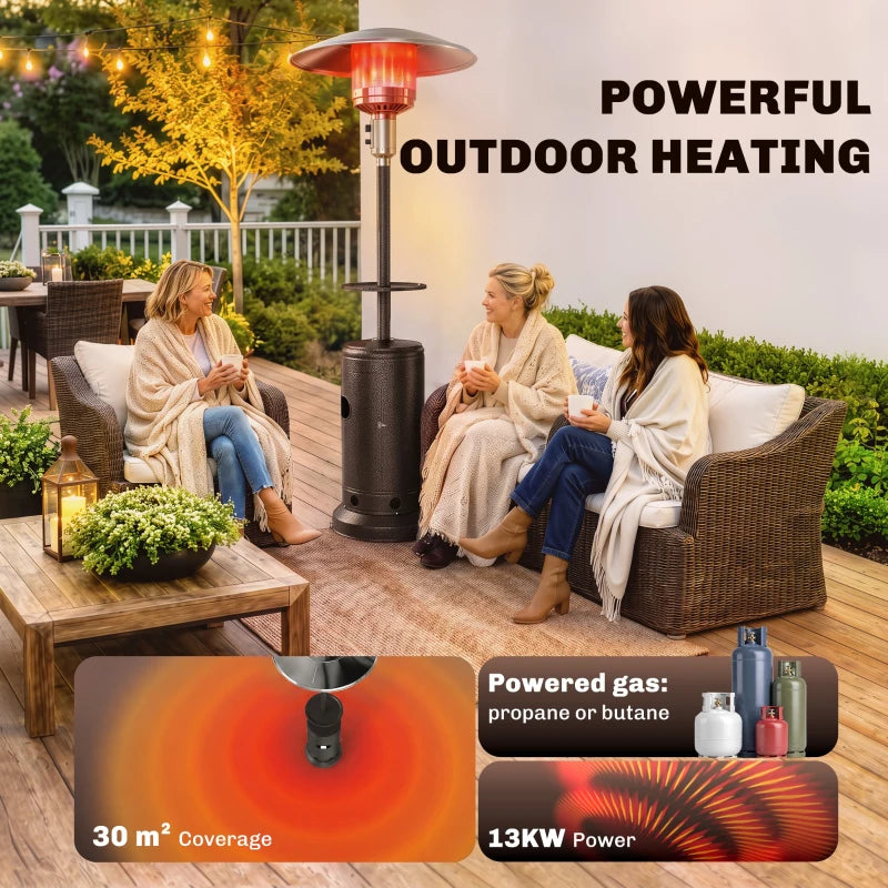 Brown outdoor gas patio heater with round table tray and bright heat glow