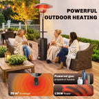 Brown outdoor gas patio heater with round table tray and bright heat glow