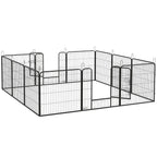 12-panel metal puppy playpen with arched top rails and hinged gate, grey