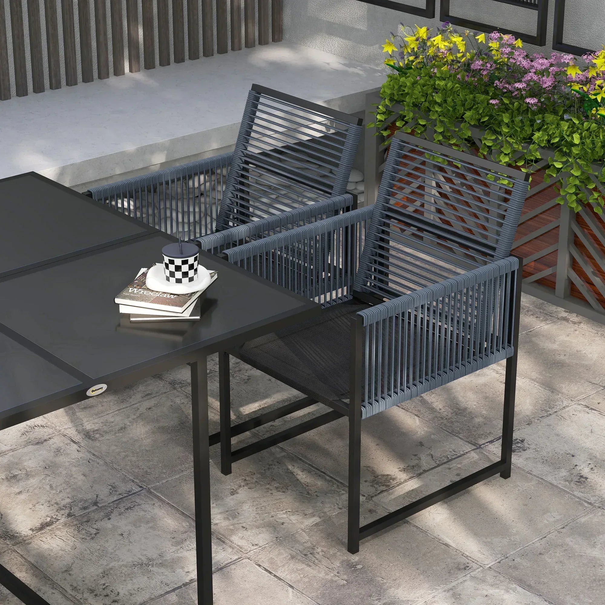 Five-Piece Metal Dining Set, with Folding Back Chairs, Dark Grey - Bobobiy