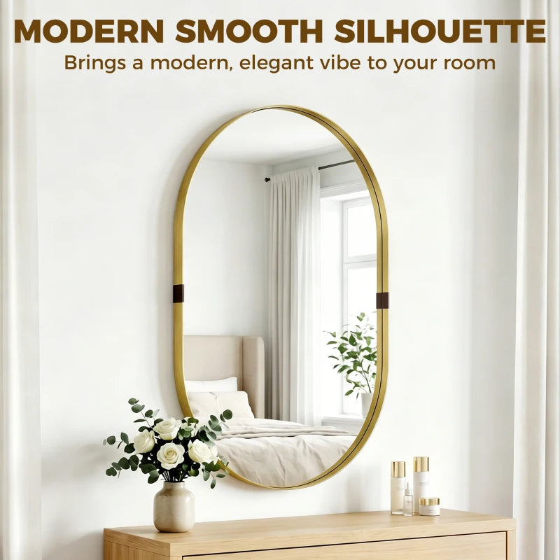 Gold-tone oval wall mirror with smooth rounded frame for modern interiors