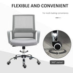 Grey ergonomic desk chair with mesh back and thick padding, 360° swivel casters base