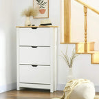 White slim shoe cabinet with 3 flip drawers and light wood tabletop