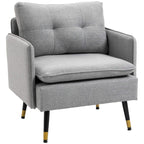 Grey upholstered accent chair with button-tufted back, padded arms, and tapered legs