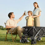 Black folding cargo wagon cart with telescopic handle, four wheels, and cross-braced sides