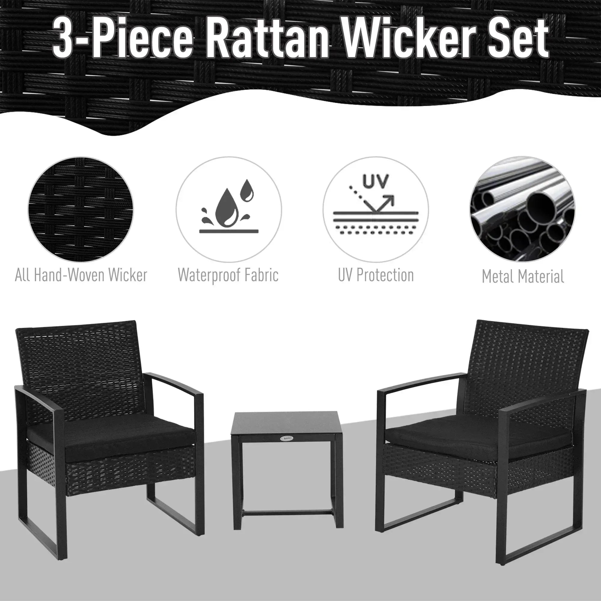 2 Seater Rattan Coffee Set-Black - Bobobiy