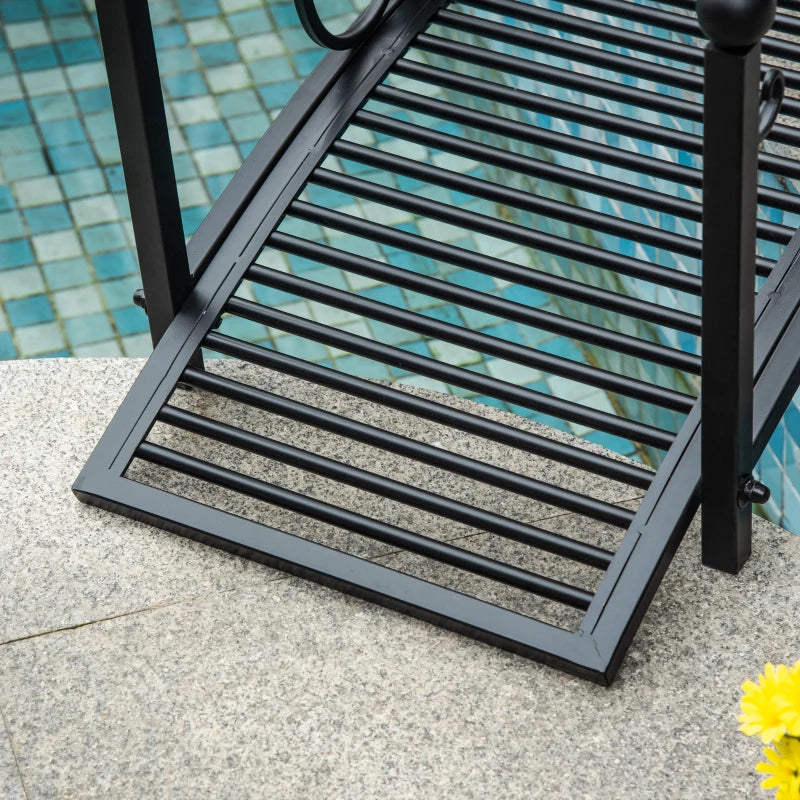 Black slatted bridge deck with end base frame on stone surface