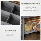 Dark grey plant stand showing divided compartments and bottom storage shelf