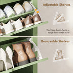 Green shoe cabinet interior with adjustable shelves and removable tier for footwear