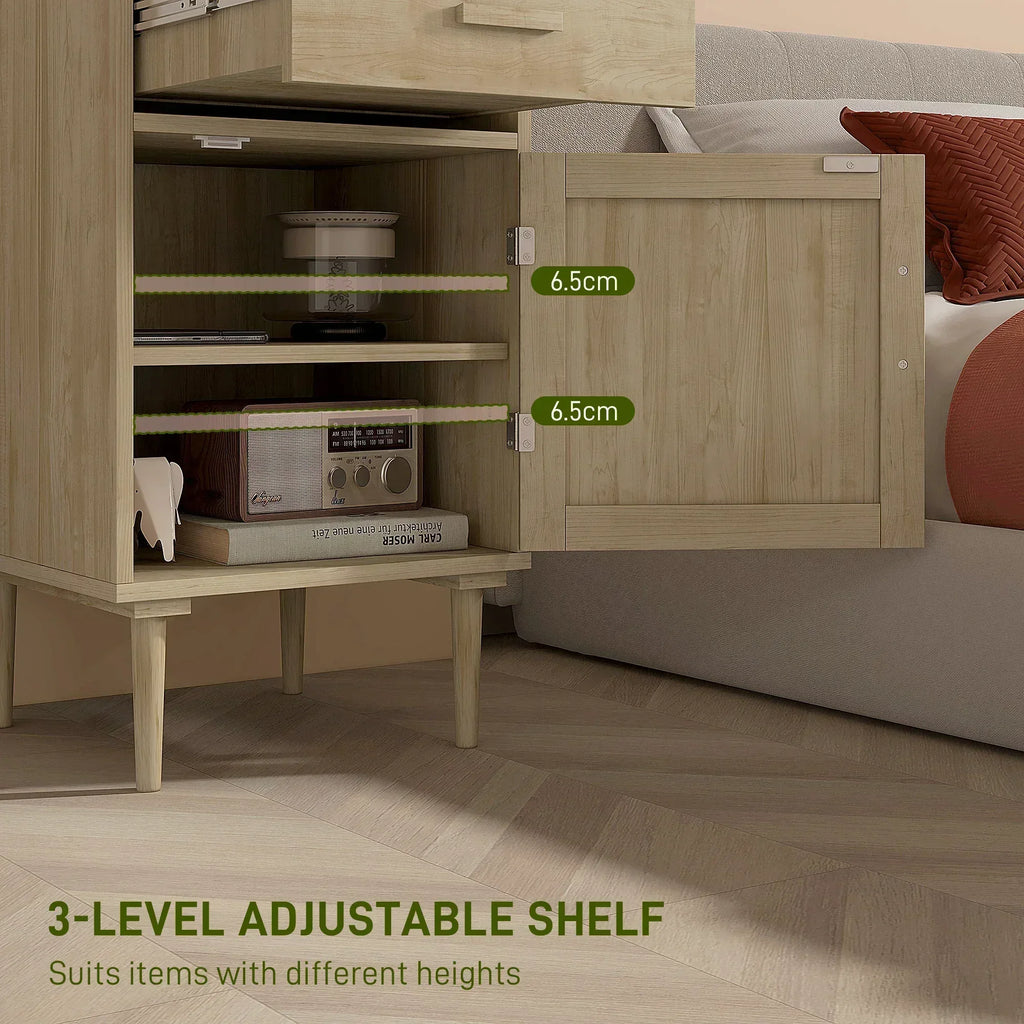 Bedside Table, Rattan Side Tables with Drawer, Cabinet and Adjustable Shelf, Boho Bedside Cabinet with Storage for Bedroom, Living Room, Natural Wood Effect - Bobobiy