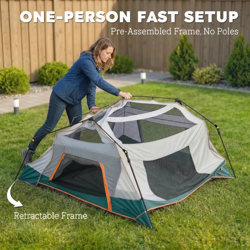Green dome camping tent being assembled with pre-assembled frame and guy lines