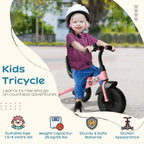 Pink kids tricycle with black seat and handlebars, child riding outdoors