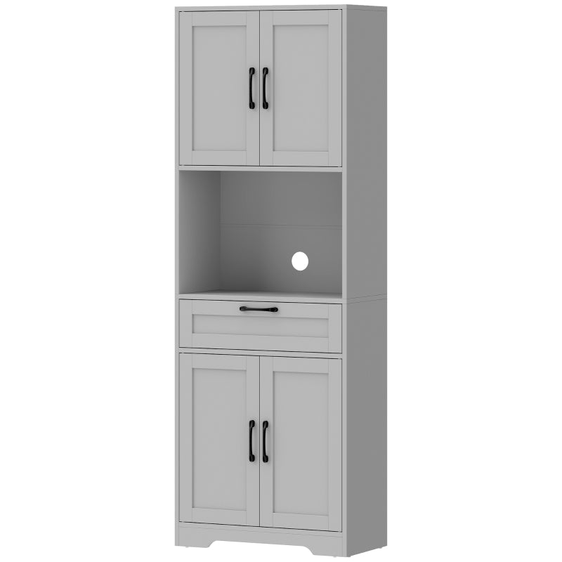 Grey freestanding kitchen pantry with adjustable shelves, open shelf, and cabinet doors