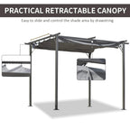 Retractable metal pergola canopy with grey fabric roof and steel frame posts