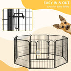 Black wire puppy playpen with front latch gate and close-up latch detail