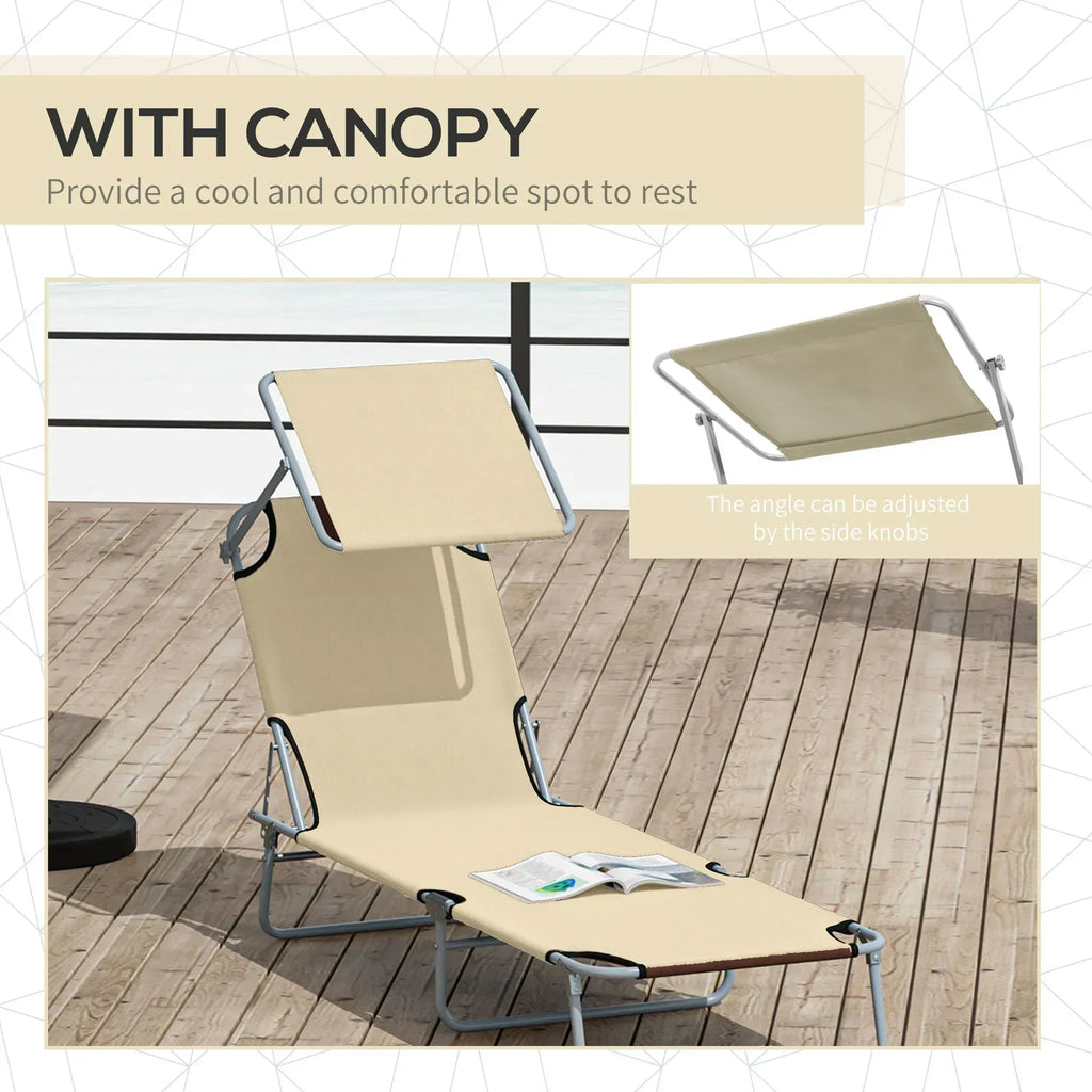 2 Pieces Outdoor Foldable Sun Lounger, 4 Level Adjustable Backrest Reclining Sun Lounger Chair with Angle Adjust Sun Shade Awning for Beach, Garden, Patio, Beige - Bobobiy