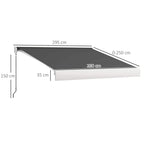 Grey electric cassette awning with labeled dimensions and pull-out arm