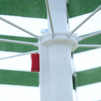 Close-up of white parasol hub with rib spokes and red release button