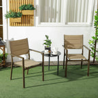 Set of two khaki mesh garden chairs with dark frames and padded seat backs