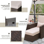 Brown rattan 2-seat sofa lounger set featuring thick beige seat cushions and pillows