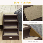 Brown pet stairs with built-in side rails and beige non-slip mats on each step