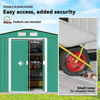 Green metal garden shed double sliding doors with padlock-ready security feature