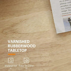 Rubberwood tabletop with varnished finish on a white rolling kitchen cart