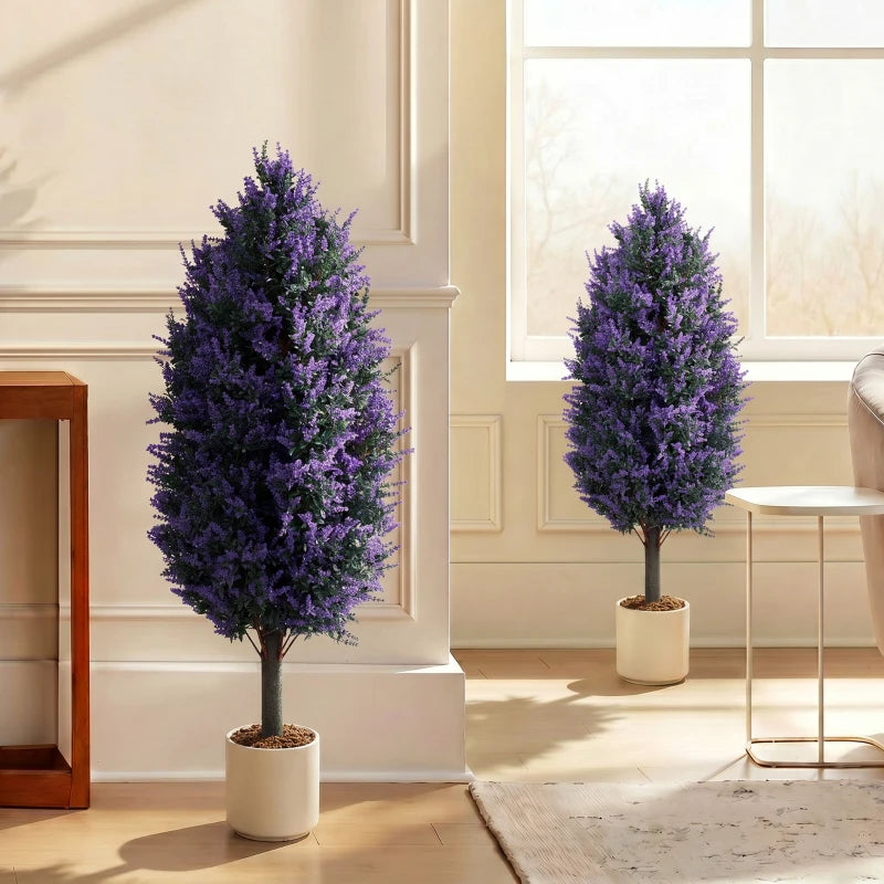 Set of 2 artificial lavender plants, purple blooms, in white pots with black stakes