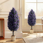 Set of 2 artificial lavender plants, purple blooms, in white pots with black stakes