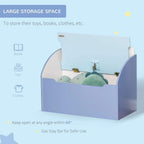 Blue toy storage box with open compartment and back support bracket for lid