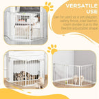 White foldable pet safety gate shown in use with small dogs from multiple angles