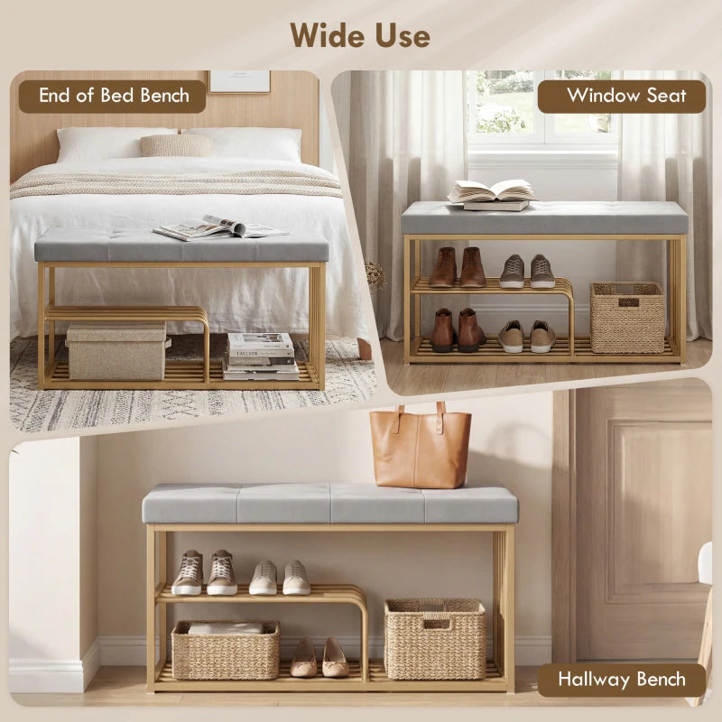Grey shoe storage bench with two-tier rack, designed for entryway seating or window use