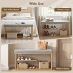 Grey shoe storage bench with two-tier rack, designed for entryway seating or window use