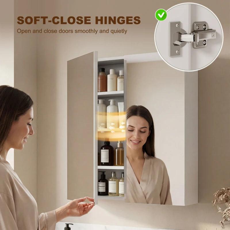 Bathroom Mirror Cabinet, 3-Tier Wall Mount Bathroom Storage Cabinet with Soft-Close Hinges and Adjustable Shelf, Double Door Cupboard, 60 x 15 x 75 cm, White